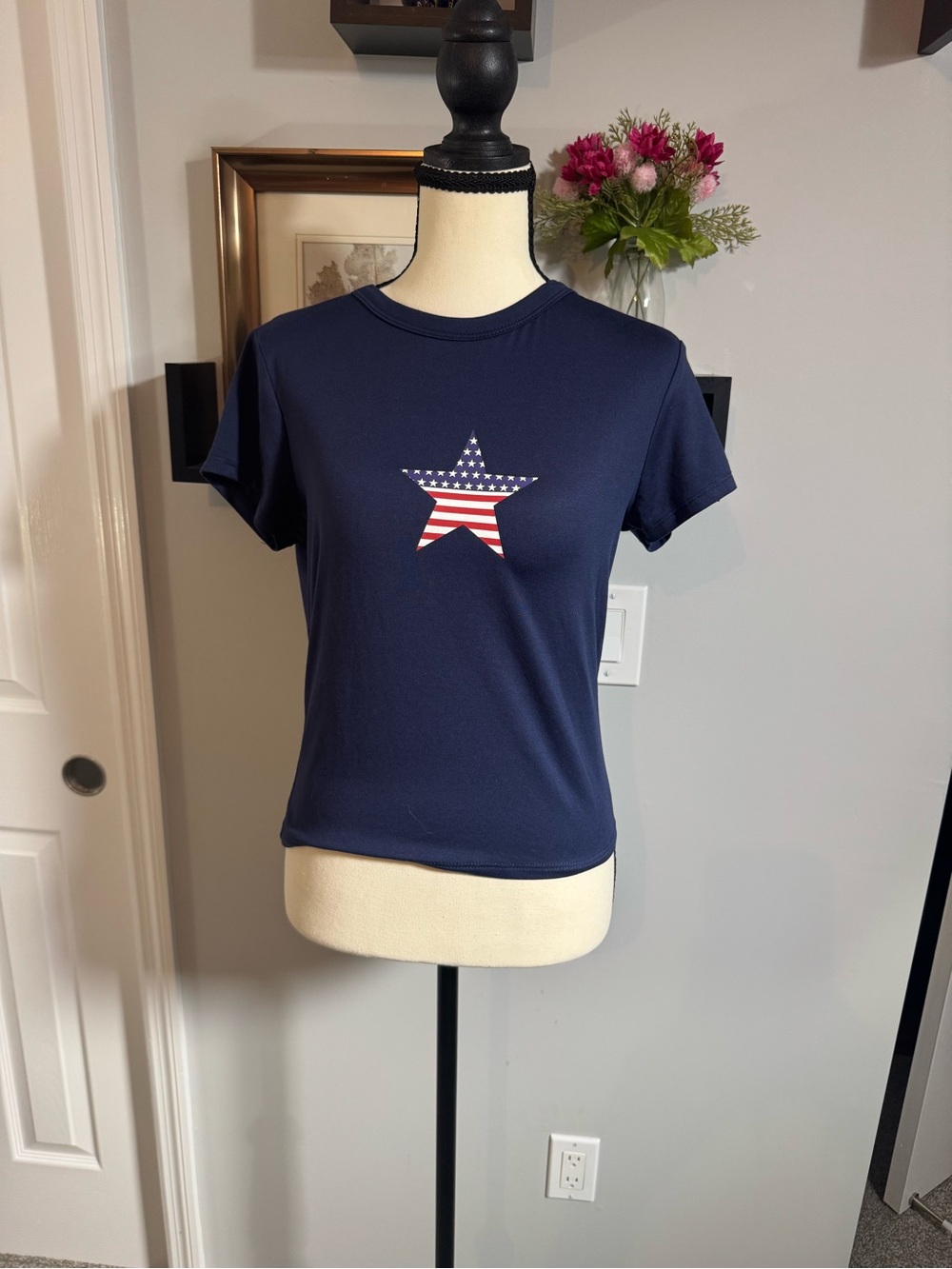 Harper & Ivy Navy Tee with American Flag Star Print